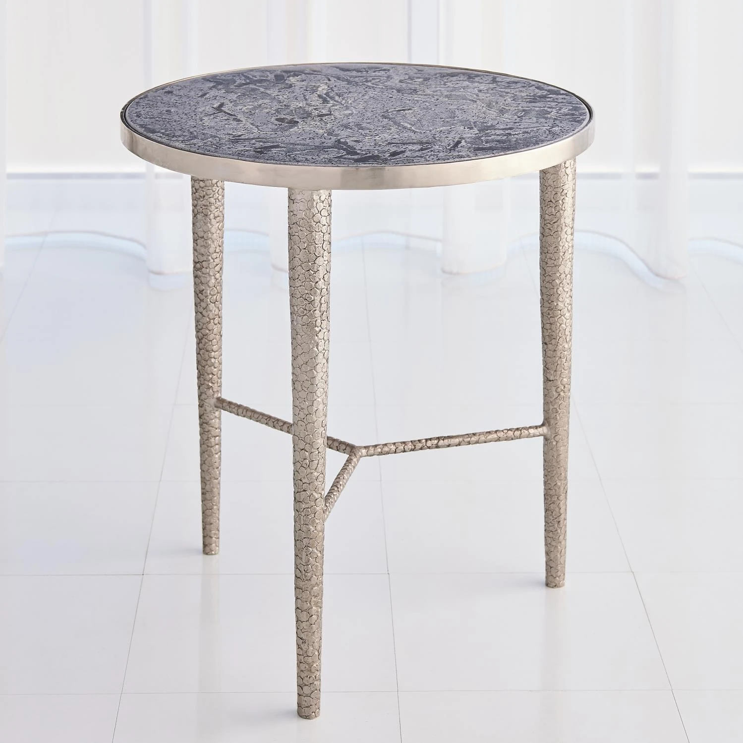 Hammered End Table-Antique Nickel W/Grey Marble 3 Hammered End Table-Antique Nickel W/Grey Marble