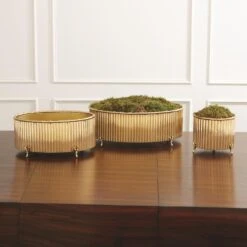 Corrugated Bamboo Cachepot-Brass