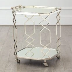 Rectangular Fret Work Serving Cart And Trolley W/Tray-Polished Nickel -Online Home Decor 55949
