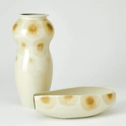 Spots Vase & Bowl-White W/Taupe Spots