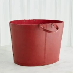 Oversized Oval Leather Basket-Deep Red -Online Home Decor 73081