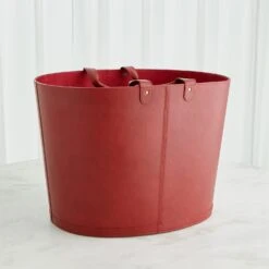 Oversized Oval Leather Basket-Deep Red -Online Home Decor 73082