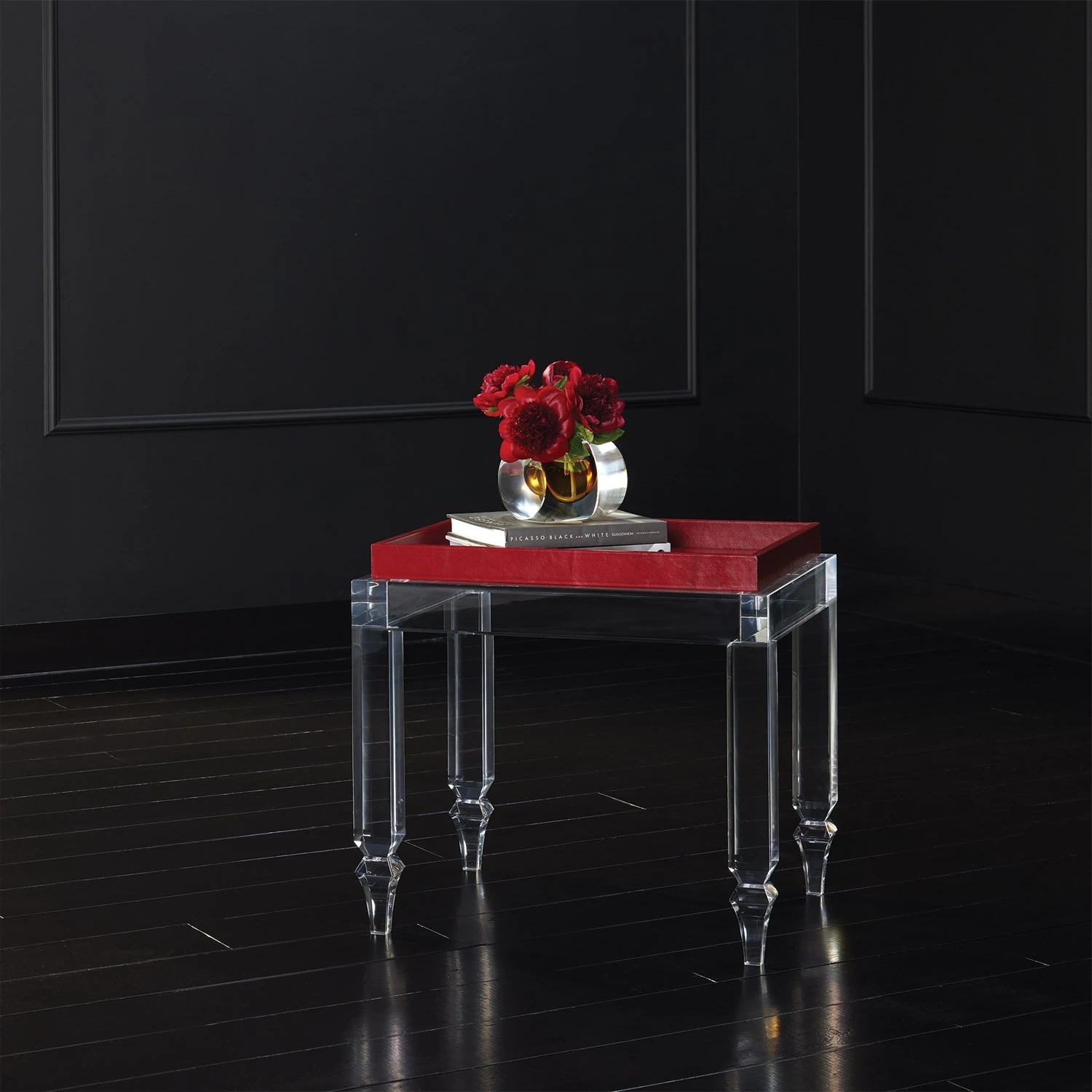 Acrylic Table W/Deep Red Leather Tray 5 Acrylic Table W/Deep Red Leather Tray - Image 3