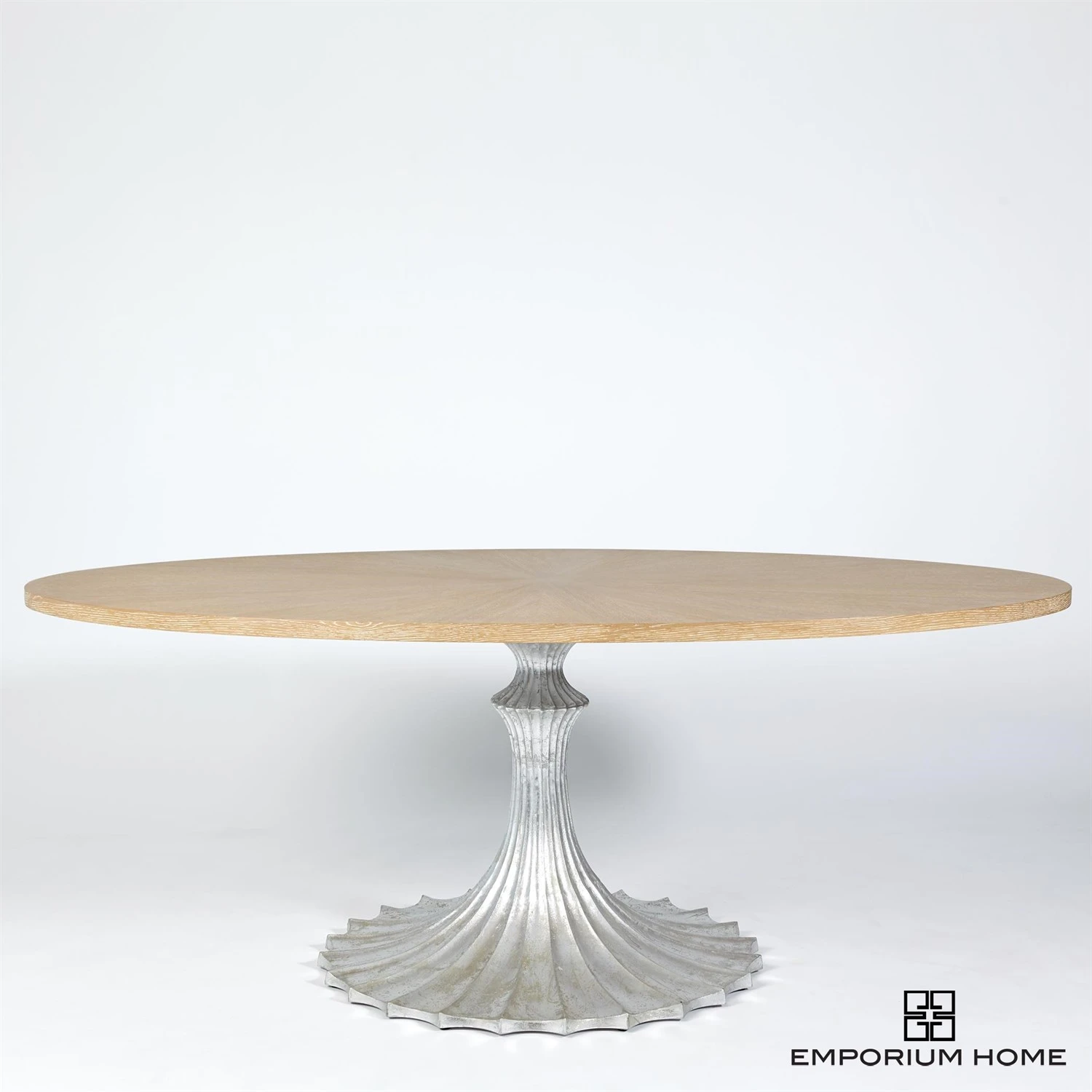 Flute Table 78" Cerused Oak Top W/34" Silver Leaf Base 3 Flute Table 78" Cerused Oak Top W/34" Silver Leaf Base