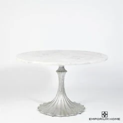 Flute Table 48" White Marble Top W/26" Silver Leaf Base