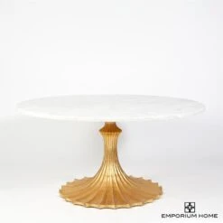Flute Table 60" White Marble Top W/34" Gold Leaf Base