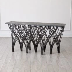 Vector Console-Natural Iron W/Black Marine Leather Marble -Online Home Decor 81575