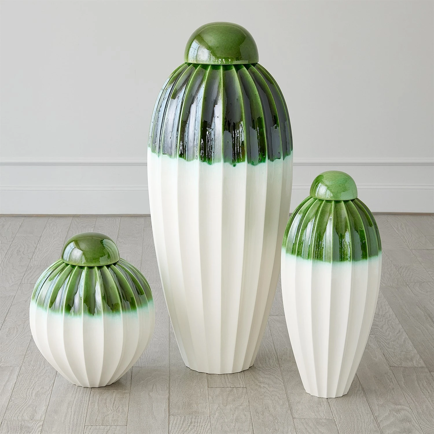 Fluted Jars W/Lid-Emerald 3 Fluted Jars W/Lid-Emerald