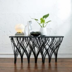 Vector Console-Natural Iron W/Black Marine Leather Marble -Online Home Decor 84595 1